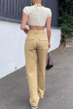 Khaki Casual Solid Color Pocket Straight Mid Waist Straight Solid Color Trousers
