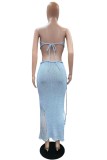 Light Blue Sexy Solid Color Backless Belted Strapless Sleeveless Two Pieces