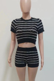 Rose Red Casual Striped Patchwork O Neck Short Sleeve Two Pieces