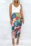 Turquoise Casual Floral Print Slit Skinny High Waist Conventional Full Print Skirts