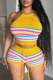 Grey Sexy Casual Stripe Backless Belted Contrast Halter Sleeveless Two Pieces