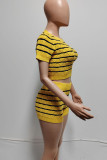 Rose Red Casual Striped Patchwork O Neck Short Sleeve Two Pieces