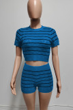 Rose Red Casual Striped Patchwork O Neck Short Sleeve Two Pieces