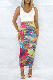 Turquoise Casual Floral Print Slit Skinny High Waist Conventional Full Print Skirts