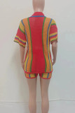 Red Casual Patchwork Contrast V Neck Short Sleeve Two Pieces