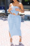 Light Blue Sexy Solid Color Backless Belted Strapless Sleeveless Two Pieces