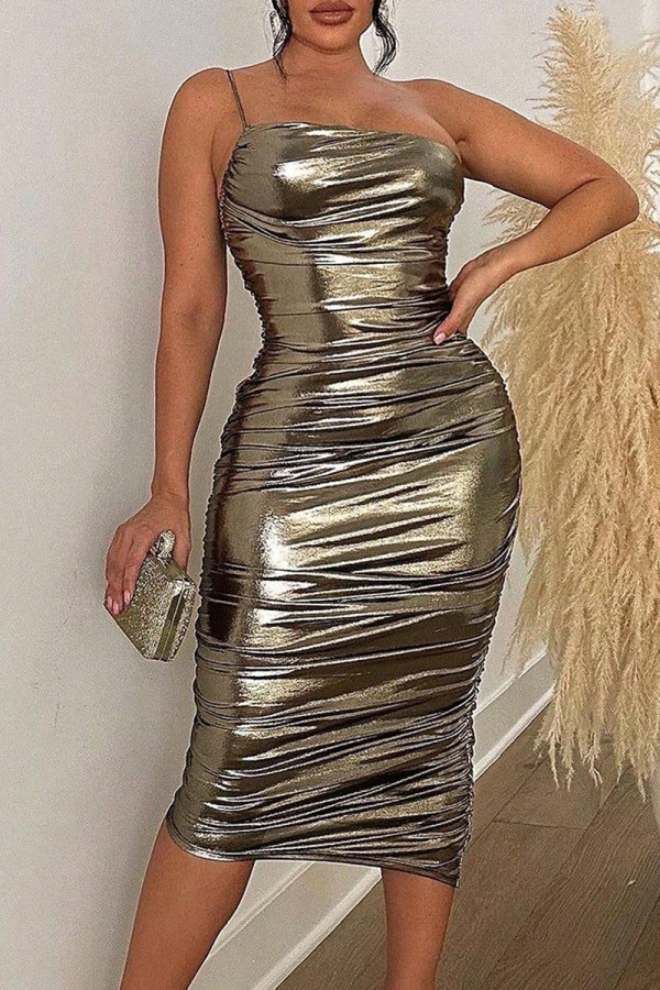 Champagne Street Solid Color Patchwork Backless Ruched Spaghetti Strap Sling Dresses