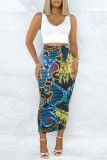 Turquoise Casual Floral Print Slit Skinny High Waist Conventional Full Print Skirts