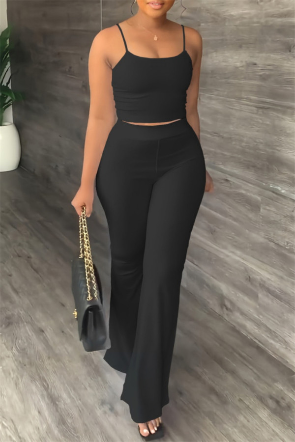 Black Sexy Casual Solid Color Backless Spaghetti Strap Sleeveless Two Pieces