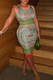 Green Sexy Print Patchwork O Neck Wrapped Skirt Dresses