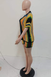 Red Casual Patchwork Contrast V Neck Short Sleeve Two Pieces