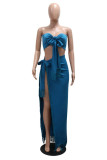 Blue Sexy Solid Color Fringed Trim Backless Slit Belted Strapless Sleeveless Two Pieces