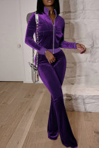 Purple Casual Solid Color Pocket Patchwork Zipper Zipper Collar Long Sleeve Two Pieces