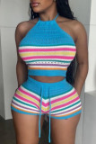 Grey Sexy Casual Stripe Backless Belted Contrast Halter Sleeveless Two Pieces