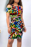Colour Casual Geometric Print Graffiti Print Contrast O Neck Printed Dresses