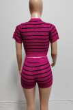 Rose Red Casual Striped Patchwork O Neck Short Sleeve Two Pieces