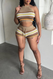 Grey Sexy Casual Stripe Backless Belted Contrast Halter Sleeveless Two Pieces