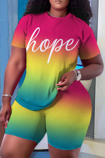 Rose Red Yellow Casual Letter Print Ombre Print Basic O Neck Short Sleeve Two Pieces