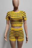 Rose Red Casual Striped Patchwork O Neck Short Sleeve Two Pieces