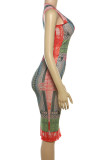 Green Sexy Print Patchwork O Neck Wrapped Skirt Dresses