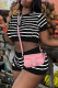 Black Casual Striped Patchwork O Neck Short Sleeve Two Pieces