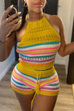Grey Sexy Casual Stripe Backless Belted Contrast Halter Sleeveless Two Pieces