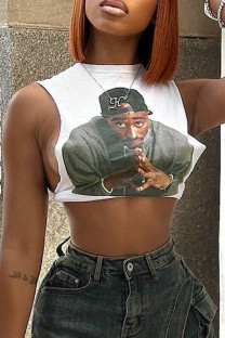 White Sexy Print Patchwork O Neck T-Shirts