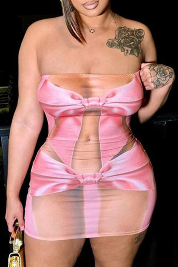 Pink Sexy Print Patchwork Backless Strapless Wrapped Skirt Dresses