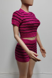 Rose Red Casual Striped Patchwork O Neck Short Sleeve Two Pieces