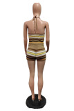 Grey Sexy Casual Stripe Backless Belted Contrast Halter Sleeveless Two Pieces