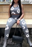 Grey Casual Print O Neck Sleeveless Two Pieces