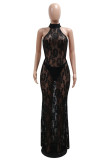 Black Sexy Solid Color See-Through Backless Halter Long Dresses