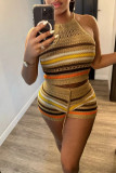 Grey Sexy Casual Stripe Backless Belted Contrast Halter Sleeveless Two Pieces