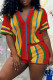 Red Casual Patchwork Contrast V Neck Short Sleeve Two Pieces