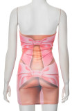 Pink Sexy Print Patchwork Backless Strapless Wrapped Skirt Dresses