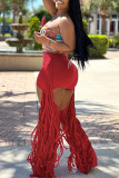 Red Casual Solid Color Fringed Trim Hollow Out Patchwork Skinny Mid Waist Patchwork Bottoms