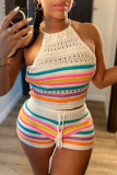 Grey Sexy Casual Stripe Backless Belted Contrast Halter Sleeveless Two Pieces