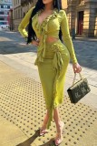 Green Yellow Sexy Solid Color Lace Up V Neck Long Sleeve Two Pieces