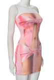 Pink Sexy Print Patchwork Backless Strapless Wrapped Skirt Dresses