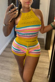 Grey Sexy Casual Stripe Backless Belted Contrast Halter Sleeveless Two Pieces
