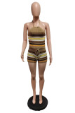 Grey Sexy Casual Stripe Backless Belted Contrast Halter Sleeveless Two Pieces