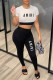 White Casual Street Letter Print Contrast O Neck Short Sleeve Two Pieces