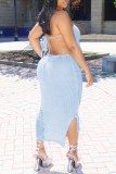 Light Blue Sexy Solid Color Backless Belted Strapless Sleeveless Two Pieces