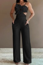 Black Sexy Solid Color Backless Belted Spaghetti Strap Bodycon Jumpsuits