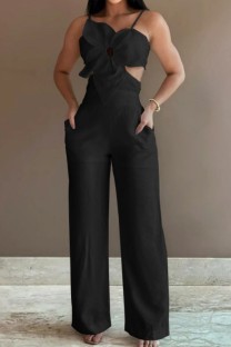 Black Sexy Solid Color Backless Belted Spaghetti Strap Bodycon Jumpsuits
