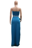 Blue Sexy Solid Color Fringed Trim Backless Slit Belted Strapless Sleeveless Two Pieces