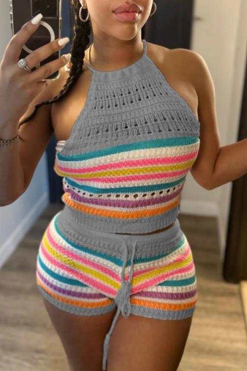 Grey Sexy Casual Stripe Backless Belted Contrast Halter Sleeveless Two Pieces