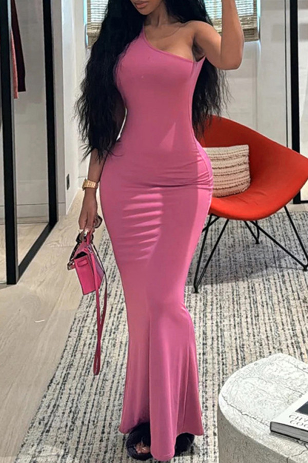 Rose Red Celebrities Solid Color Patchwork Oblique Collar Long Dresses
