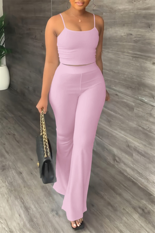 Pink Sexy Casual Solid Color Backless Spaghetti Strap Sleeveless Two Pieces