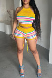 Grey Sexy Casual Stripe Backless Belted Contrast Halter Sleeveless Two Pieces